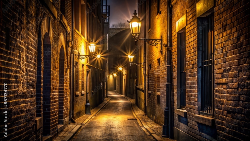 Ominous dark alleyway with faint streetlights casting long shadows, hinting at secrecy and mystery, evoking feelings of foreboding.