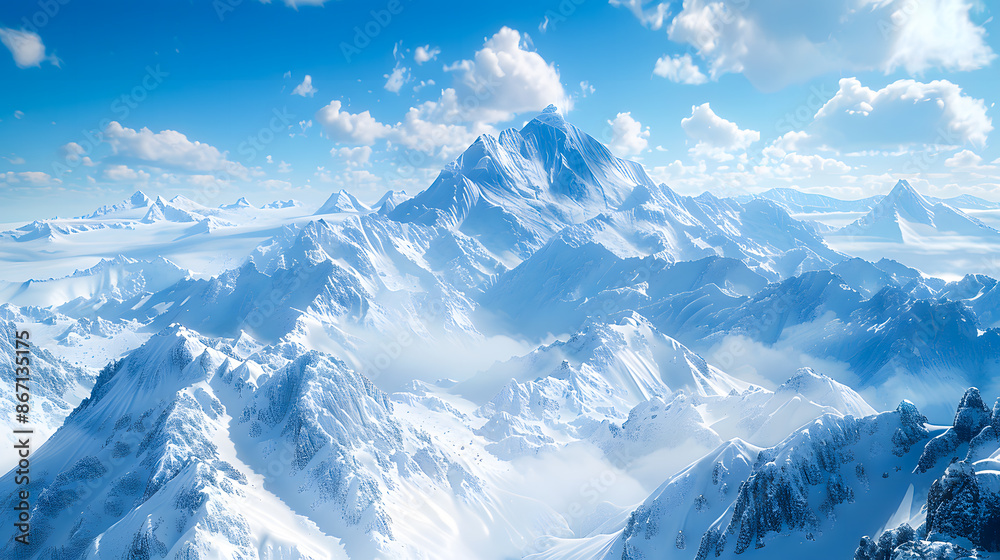 Obraz premium Majestic snowy mountain peak towering above the clouds, its pristine white slopes contrasting against the deep blue sky
