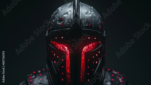 ancient spartan helmet with red glowing furutistic cybereyes in the dark looking straight photo