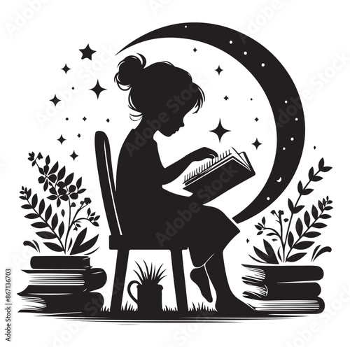 Vector a child boy  girl reading book reading book silhouette Vector