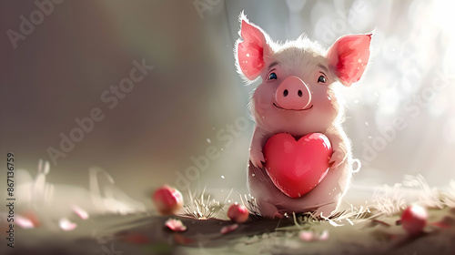 Cute Piglet Holding a Heart Illustration