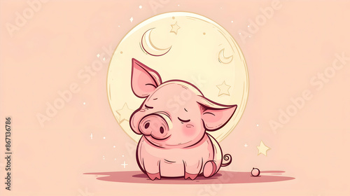 Cute Sleeping Pig Illustration with Moon and Stars