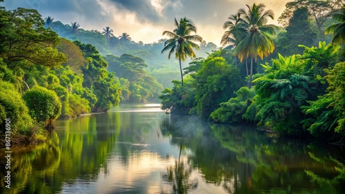 Fototapeta Naklejka Na Ścianę i Meble -  Serene and tranquil Bentota River winds through lush green jungle foliage with majestic trees and foggy misty atmosphere surrounding it.