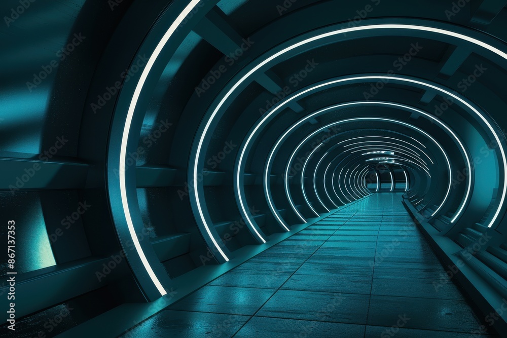 Fototapeta premium Futuristic Metallic Tunnel with Glowing Neon Lights, Concept of Technology, Future, and Innovation