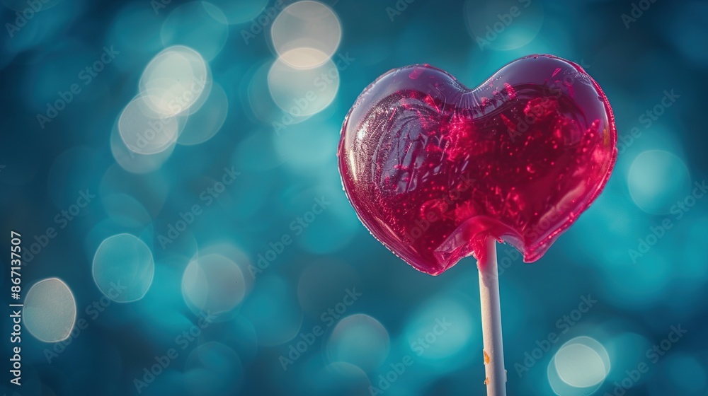 Obraz premium a red heart shaped lollipop on blue bokeh background