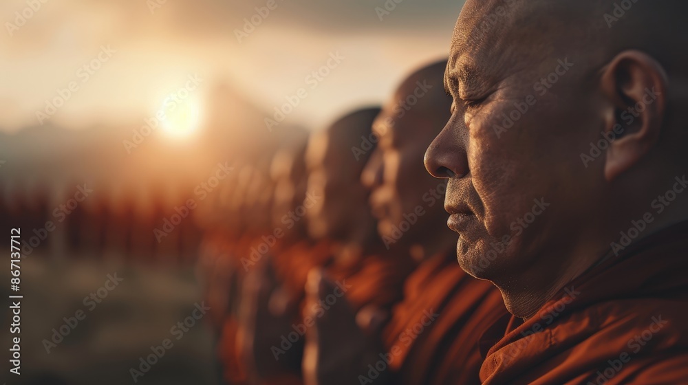Meditative Monks in Deep Contemplation at Sunrise with Serene Background Meditative Monks in Deep Contemplation at Sunrise with Serene Background