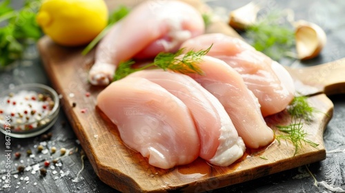 Uncooked chicken fillets on a wooden board, detailed texture, whole raw chicken beside, kitchen setting, vibrant colors, fresh and clean