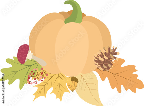 Autumn vegetable composition with pumpkins, leaves, berries, fruits and mushrooms.