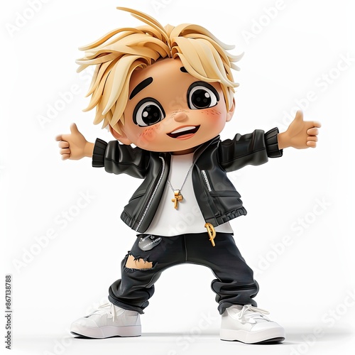 An animated kid in casual clothing, expressing joy and excitement in a stylish living room, capturing the essence of youthful energy and happiness.