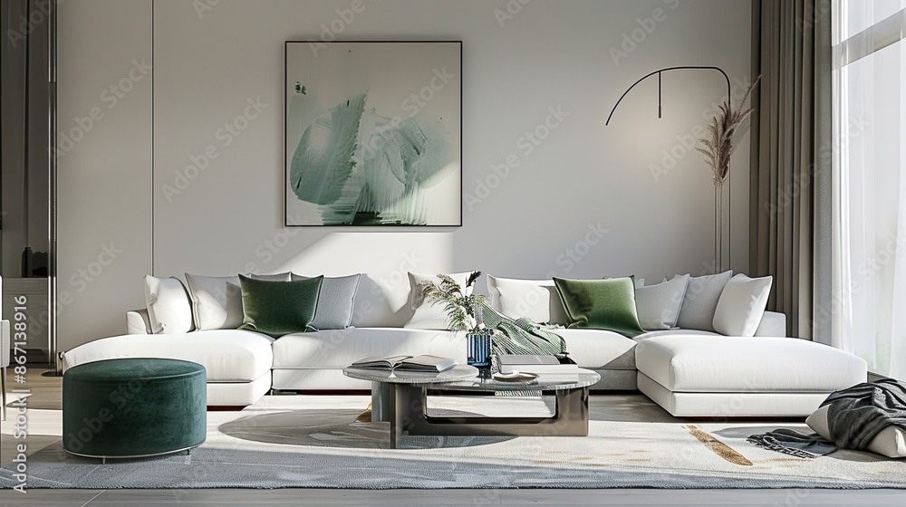 Enter a modern living room adorned in calming neutral tones of soft greys and whites, with occasional pops of vibrant emerald green. Enter a modern living room adorned in calming neutral tones of soft greys and whites, with occasional pops of vibrant emerald green.