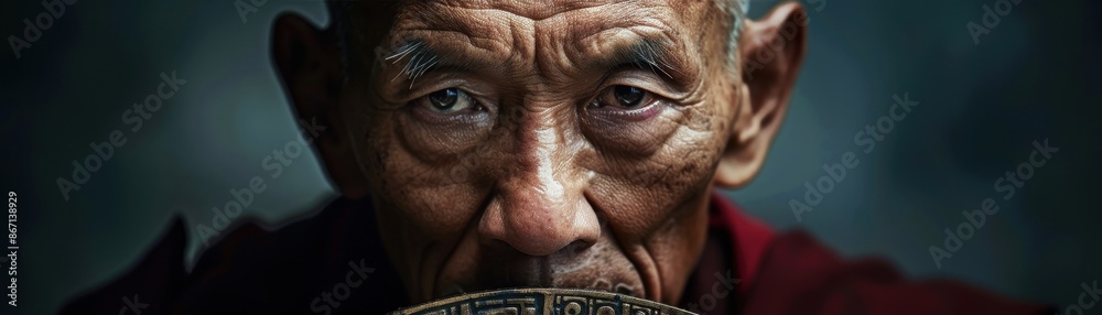Portrait of an Elderly Man with Deep Expression Holding a Traditional Object in Low Light Portrait of an Elderly Man with Deep Expression Holding a Traditional Object in Low Light