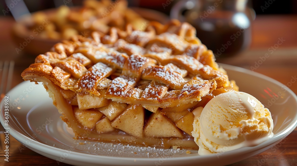Classic American apple pie with a golden crust, served with a scoop of vanilla bean ice cream Classic American apple pie with a golden crust, served with a scoop of vanilla bean ice cream