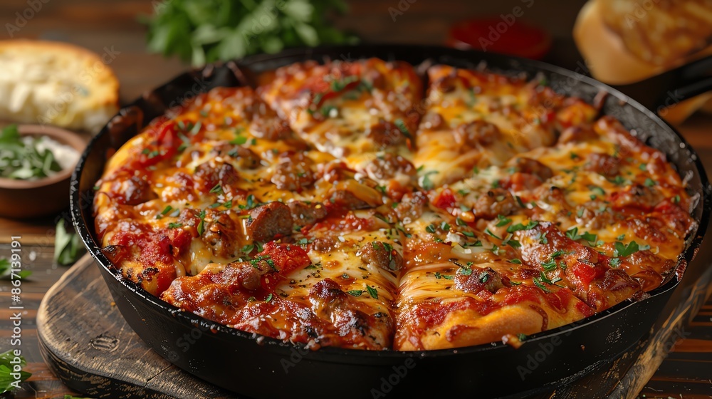 Deep-dish Chicago-style pizza with layers of cheese, sausage, and chunky tomato sauce, served in a cast-iron pan with a side of garlic bread Deep-dish Chicago-style pizza with layers of cheese, sausage, and chunky tomato sauce, served in a cast-iron pan with a side of garlic bread