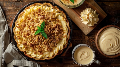 Dutch apple pie with a crumbly topping, served with a side of vanilla custard photo