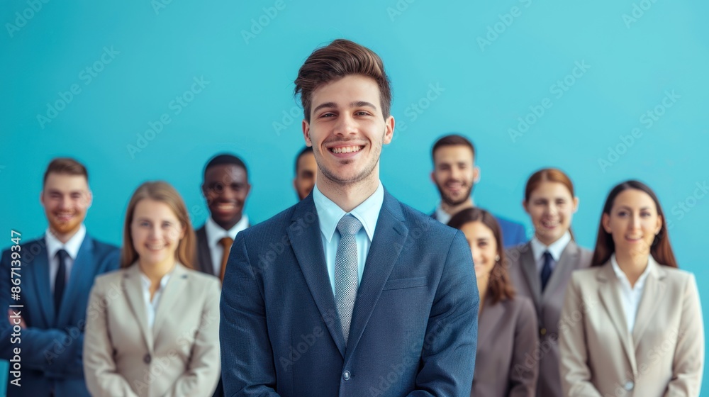 Group of businessmen happy with success with group of professional workers on blue background Group of businessmen happy with success with group of professional workers on blue background