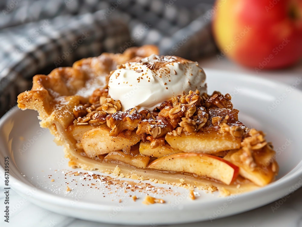 Gluten-free apple pie with an almond flour crust, served with a dollop of Greek yogurt on a white plate Gluten-free apple pie with an almond flour crust, served with a dollop of Greek yogurt on a white plate