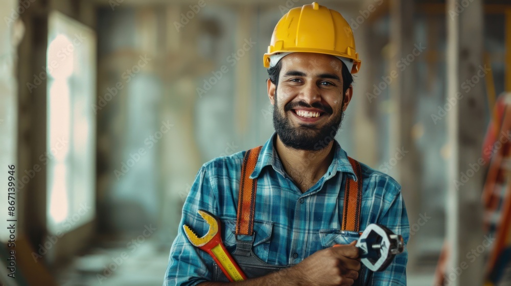 A male construction engineer In a helmet with a wrench and pliers over the background of an empty room A male construction engineer In a helmet with a wrench and pliers over the background of an empty room