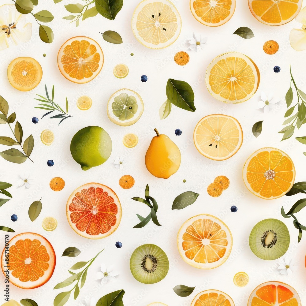 Vibrant citrus fruits and green leaves pattern on white background. Vibrant citrus fruits and green leaves pattern on white background.