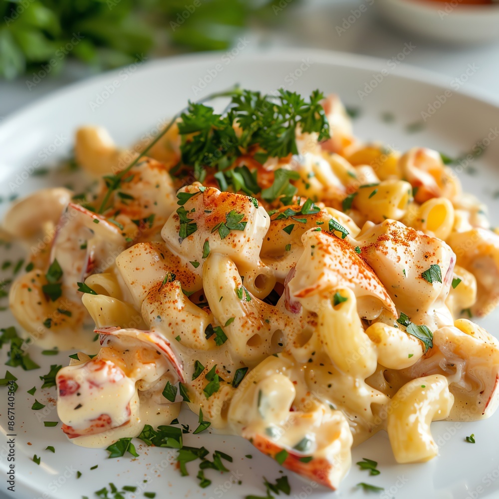 Lobster mac and cheese with chunks of succulent lobster, creamy bechamel sauce, and a hint of paprika, styled on a white plate Lobster mac and cheese with chunks of succulent lobster, creamy bechamel sauce, and a hint of paprika, styled on a white plate