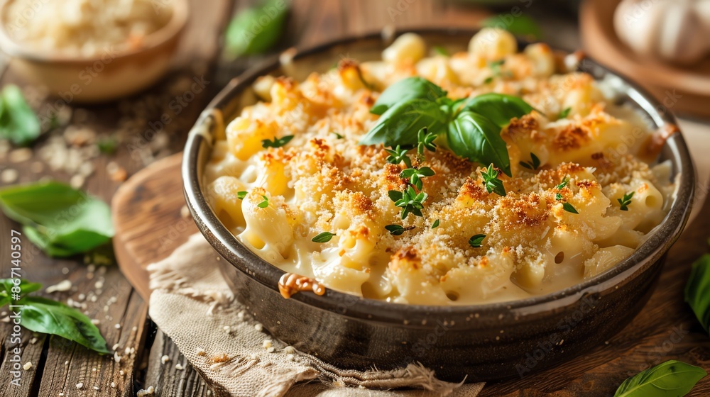 Mac and cheese with a blend of four cheeses, topped with crispy panko breadcrumbs and fresh herbs, styled on a rustic wooden table