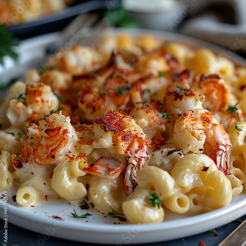 Lobster mac and cheese with chunks of succulent lobster, creamy bechamel sauce, and a hint of paprika, styled on a white plate photo