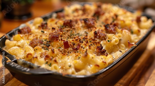 Mac and cheese with caramelized onions and spicy sausage, baked to perfection, served in a cozy kitchen setting photo