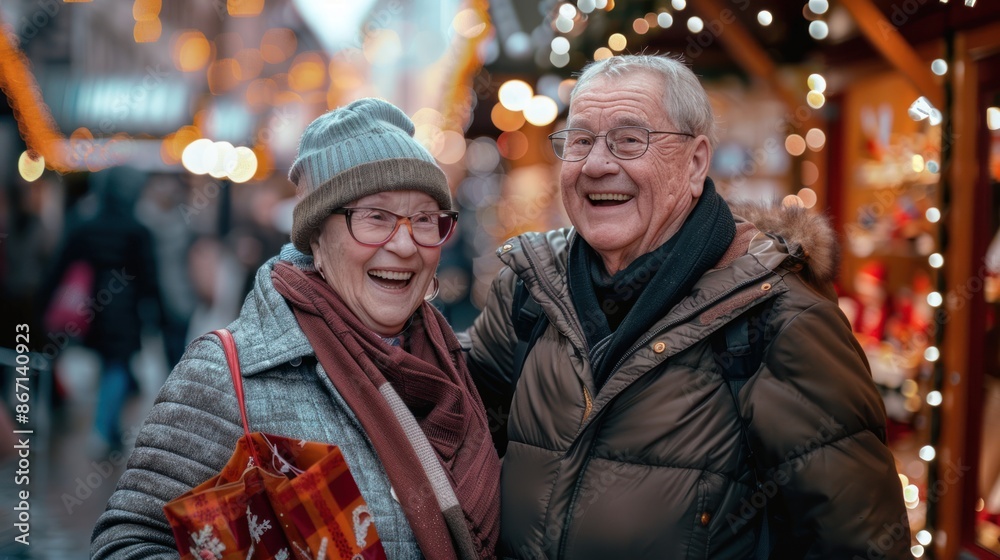Obraz premium Senior couple, man and woman having fun shopping, shopping bags