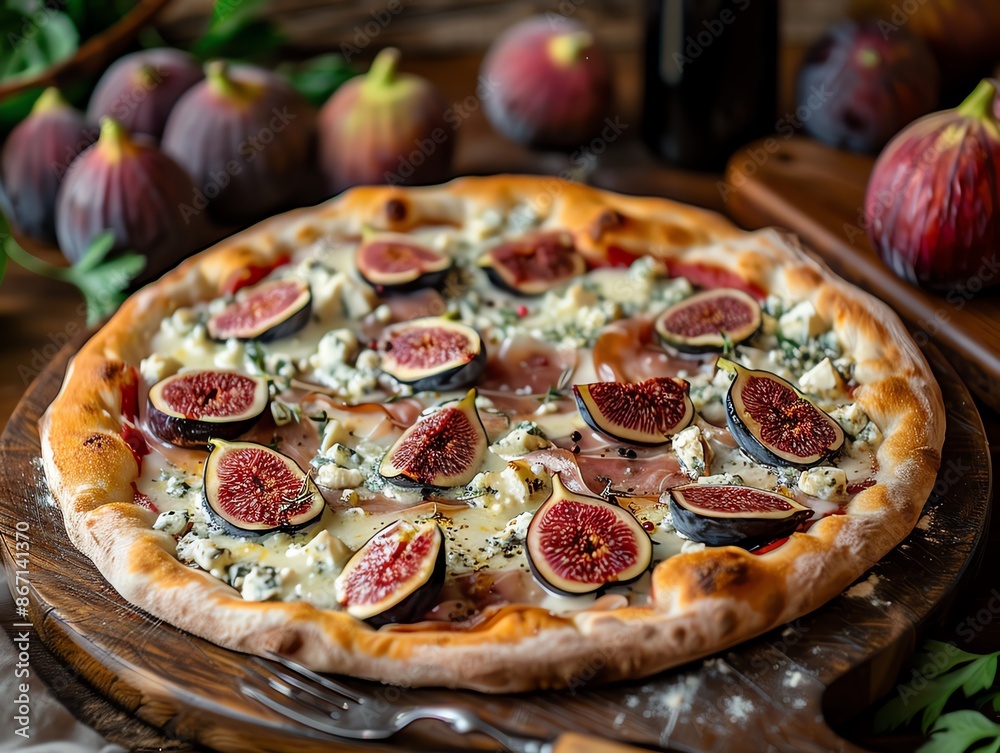 Pizza with fig, prosciutto, and gorgonzola, styled on a dark wooden table with a rustic backdrop and a glass of wine Pizza with fig, prosciutto, and gorgonzola, styled on a dark wooden table with a rustic backdrop and a glass of wine