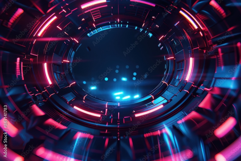 Fototapeta premium Abstract 3D rendering of futuristic tunnel with glowing neon lights. Sci-fi, technology, gaming, and cyberpunk concept. Background, wallpaper.