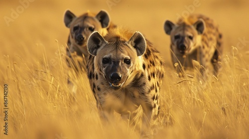 Agile hyenas hunt in the savannah, their spotted coats and powerful jaws making them efficient predators as they move through the tall grasses