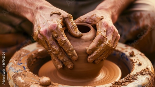 A man is making a pottery piece with his hands