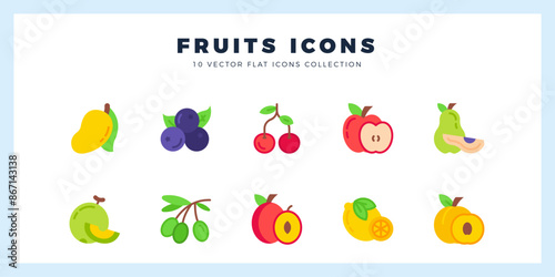 10 Fruits Flat icons pack. vector illustration.