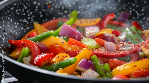 Sizzling pan with vibrant vegetables, stir-frying action, steam and rich colors, detailed textures, delightful culinary process