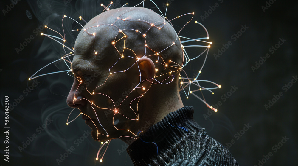 bald man with electrodes in his brain, a man of the future with technological additions, the brain is connected to virtual reality, additional opportunities for the brain, expansion of consciousness bald man with electrodes in his brain, a man of the future with technological additions, the brain is connected to virtual reality, additional opportunities for the brain, expansion of consciousness
