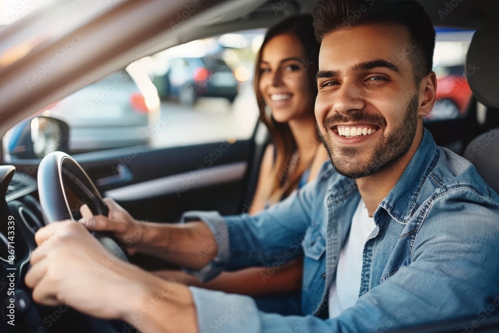 a couple happily test-driving a new car at a dealership, examining the interior features and discussing the purchase with a salesperson. The showroom backdrop showcases a a couple happily test-driving a new car at a dealership, examining the interior features and discussing the purchase with a salesperson. The showroom backdrop showcases a