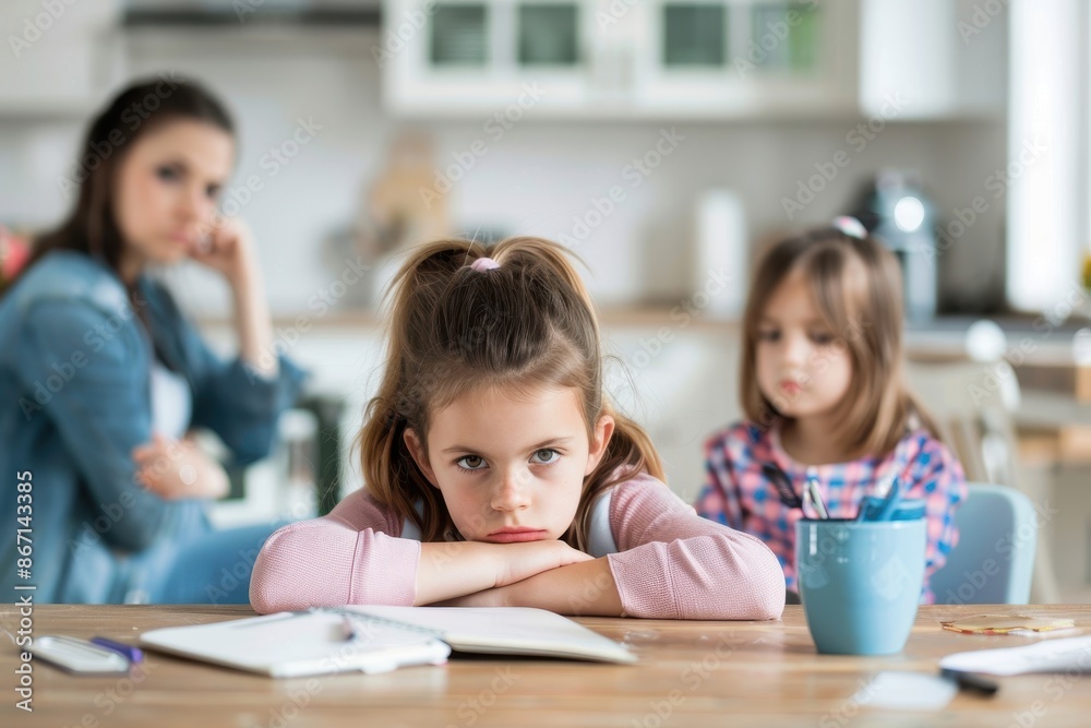 Two young girls with their mother looking stressed and frustrated, sitting at a table with schoolwork in a modern kitchen setting. Two young girls with their mother looking stressed and frustrated, sitting at a table with schoolwork in a modern kitchen setting.