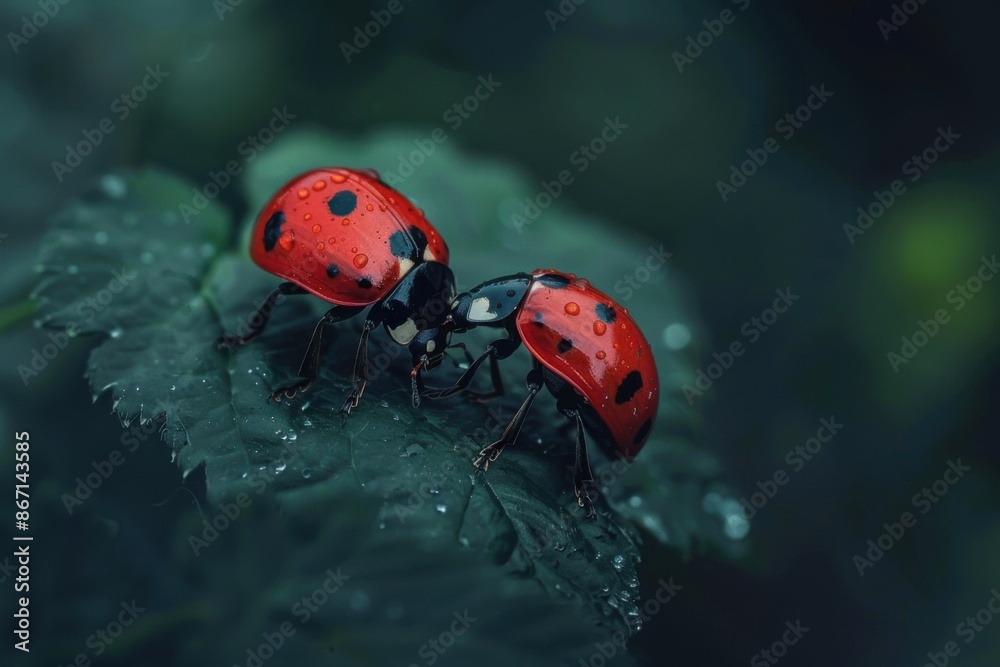 Two ladybugs clinging to a leaf with water droplets in nature. Two ladybugs clinging to a leaf with water droplets in nature.