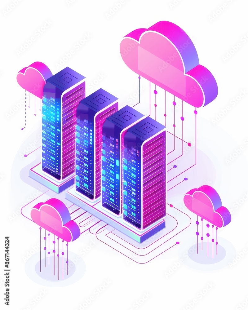 Isometric illustration of cloud computing data servers connected to cloud storage, representing information technology and data management. Isometric illustration of cloud computing data servers connected to cloud storage, representing information technology and data management.