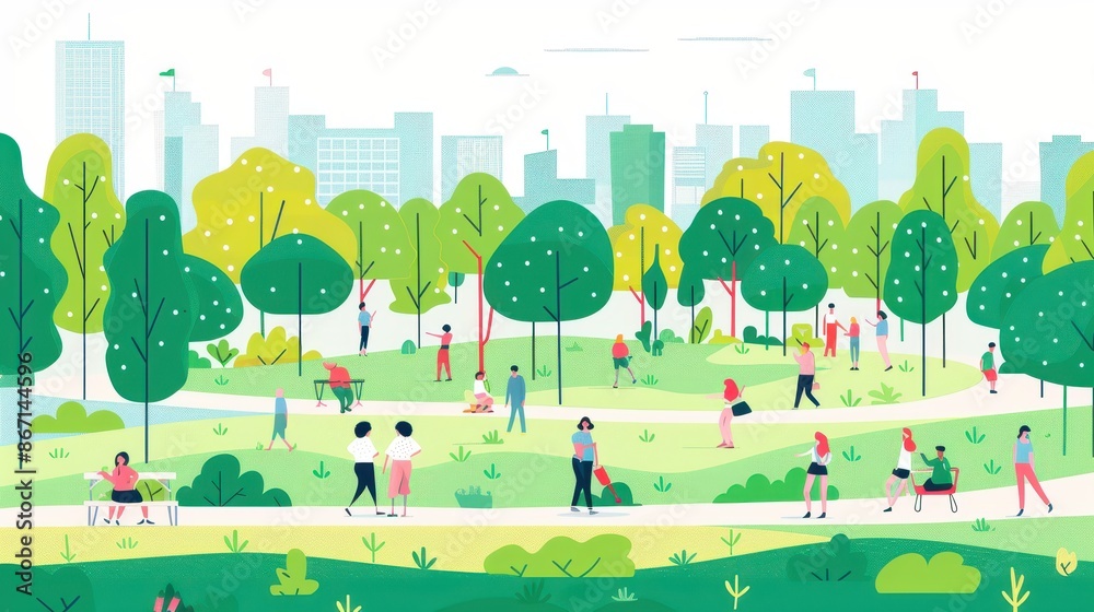 Illustration of a vibrant city park with people strolling, jogging, and relaxing surrounded by lush trees and greenery under a clear sky. Illustration of a vibrant city park with people strolling, jogging, and relaxing surrounded by lush trees and greenery under a clear sky.