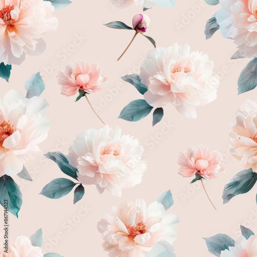 Delicate pink and white peonies with green leaves on a blush background.