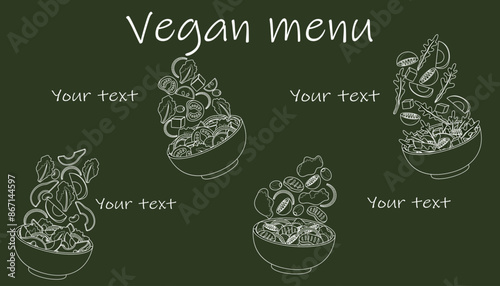 Healthy salad. Vegan menu. Diet dinner. Chalkboard line drawing. Meal bowl with vegetable slices. Vegetarian food. Arugula leaves and tomato pieces. Vector restaurant blackboard banner