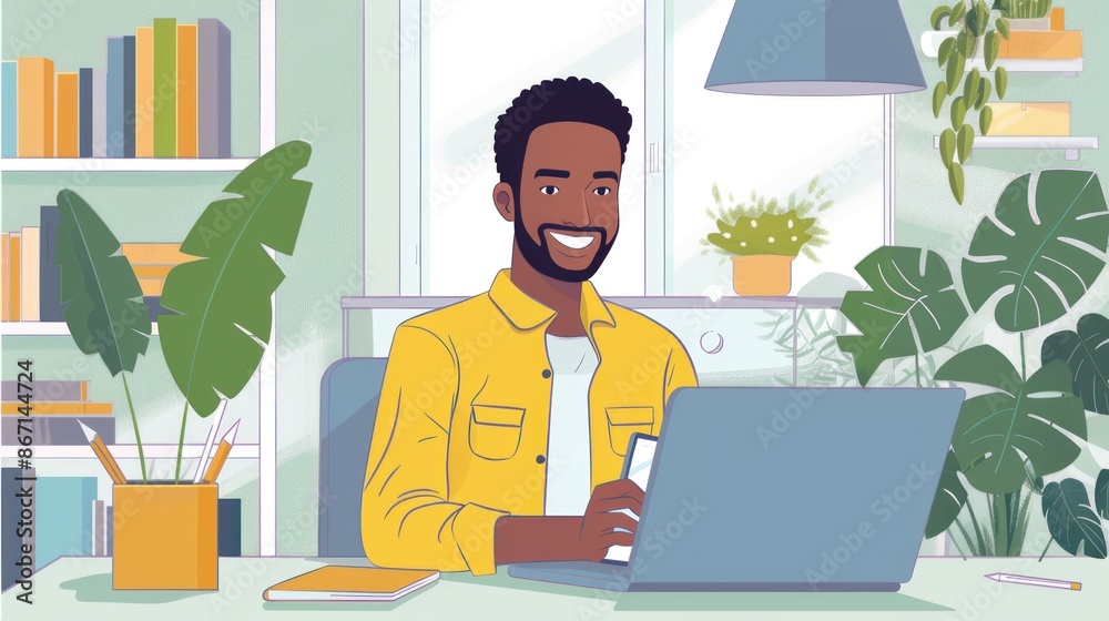 A Happy young businessman with smartphone and laptop computer A Happy young businessman with smartphone and laptop computer