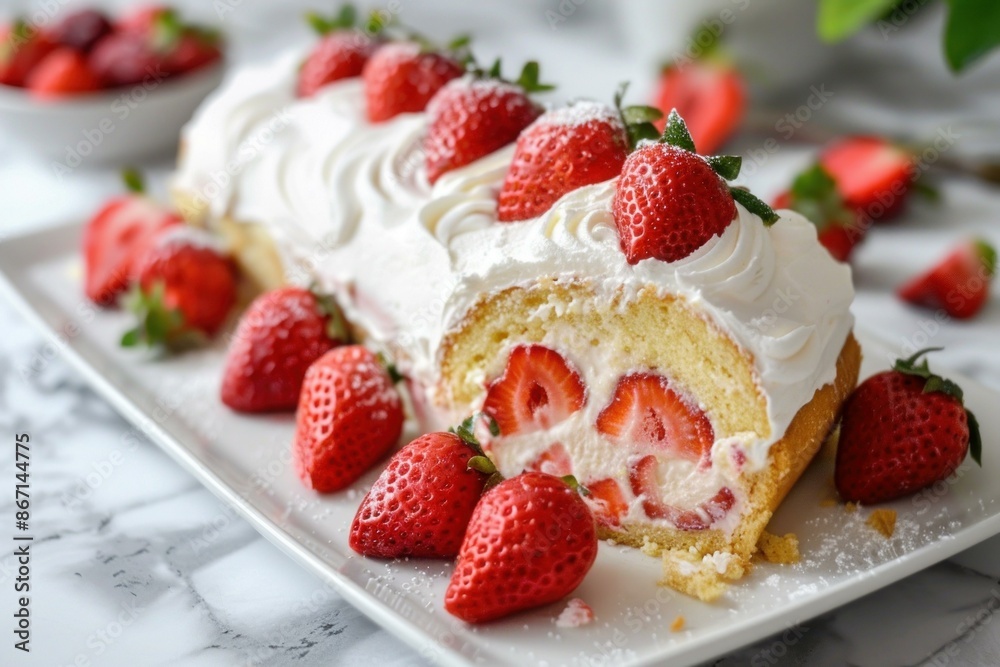 Delicious homemade strawberry roll cake with whipped cream and fresh strawberries on a white plate Delicious homemade strawberry roll cake with whipped cream and fresh strawberries on a white plate