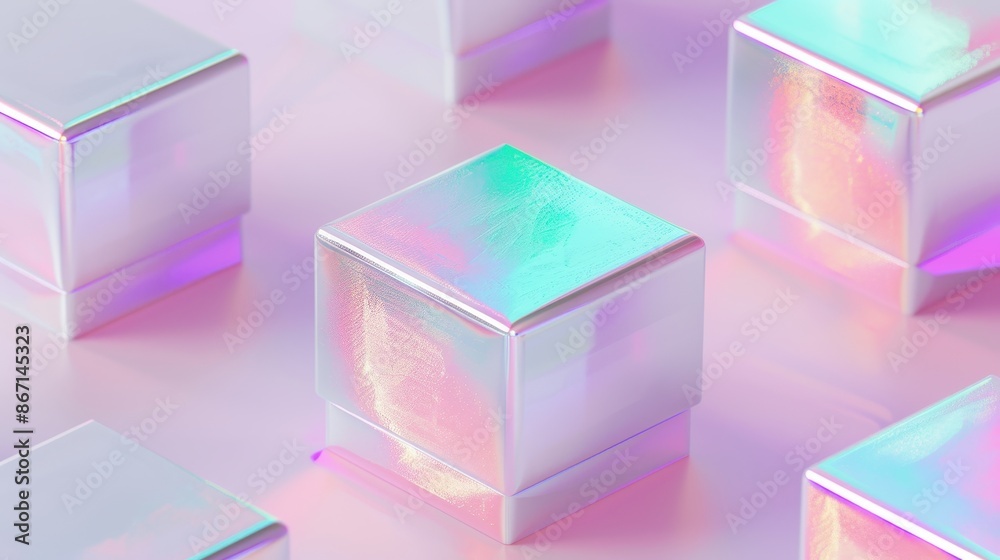 Futuristic iridescent cubes with holographic patterns on a soft pastel background, creating a modern and abstract visual effect. Futuristic iridescent cubes with holographic patterns on a soft pastel background, creating a modern and abstract visual effect.