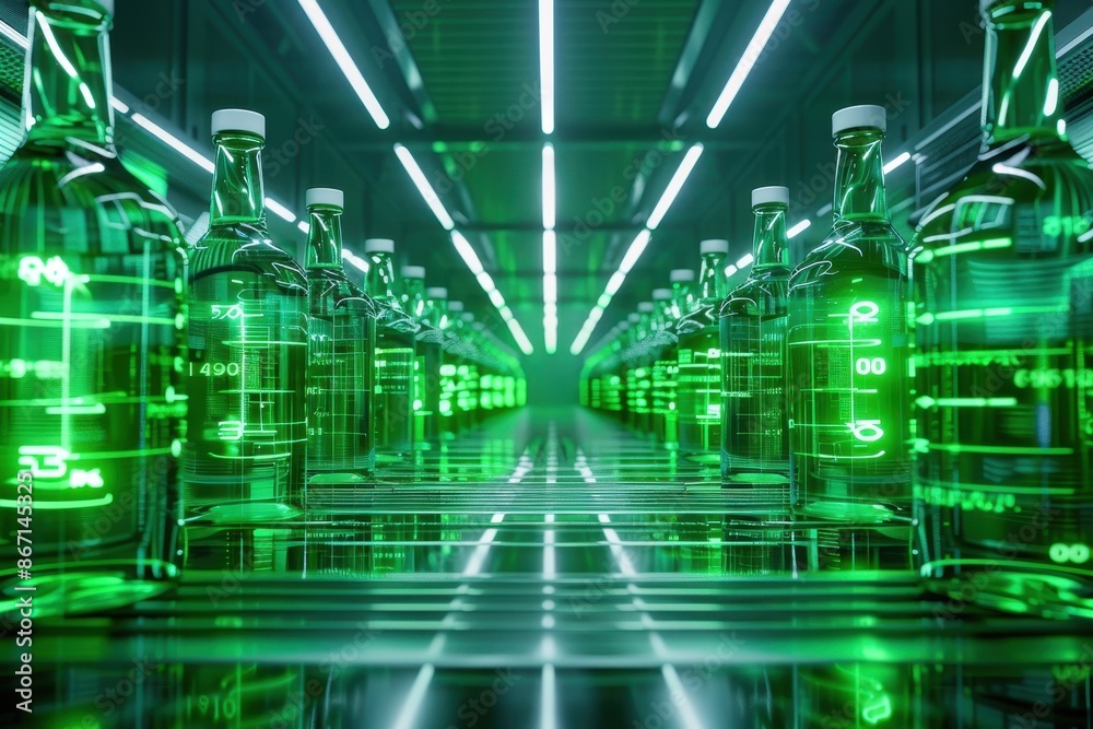 Futuristic laboratory with glowing green liquid in glass bottles, lined up in symmetry under bright lights, reflecting a sterile environment. Futuristic laboratory with glowing green liquid in glass bottles, lined up in symmetry under bright lights, reflecting a sterile environment.