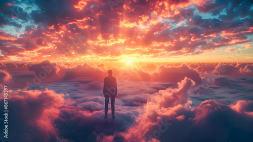 Silhouette of alone person looking at heaven. Lonely man standing in fantasy landscape with shining cloudy sky. 
