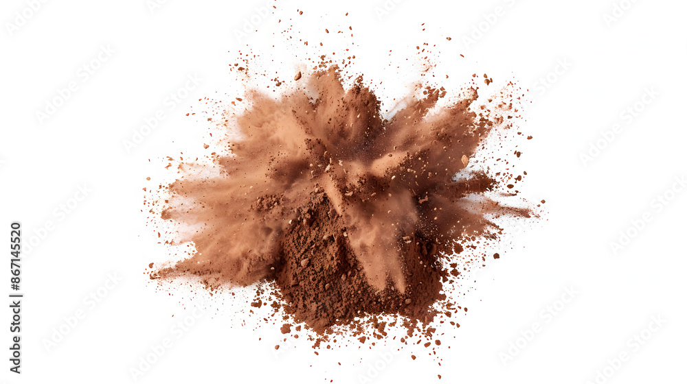 Burst of cocoa powder mixed with a hint of colored powder, creating a visually striking and dynamic scene. The explosion is set against a white background to emphasize the colors. Burst of cocoa powder mixed with a hint of colored powder, creating a visually striking and dynamic scene. The explosion is set against a white background to emphasize the colors.