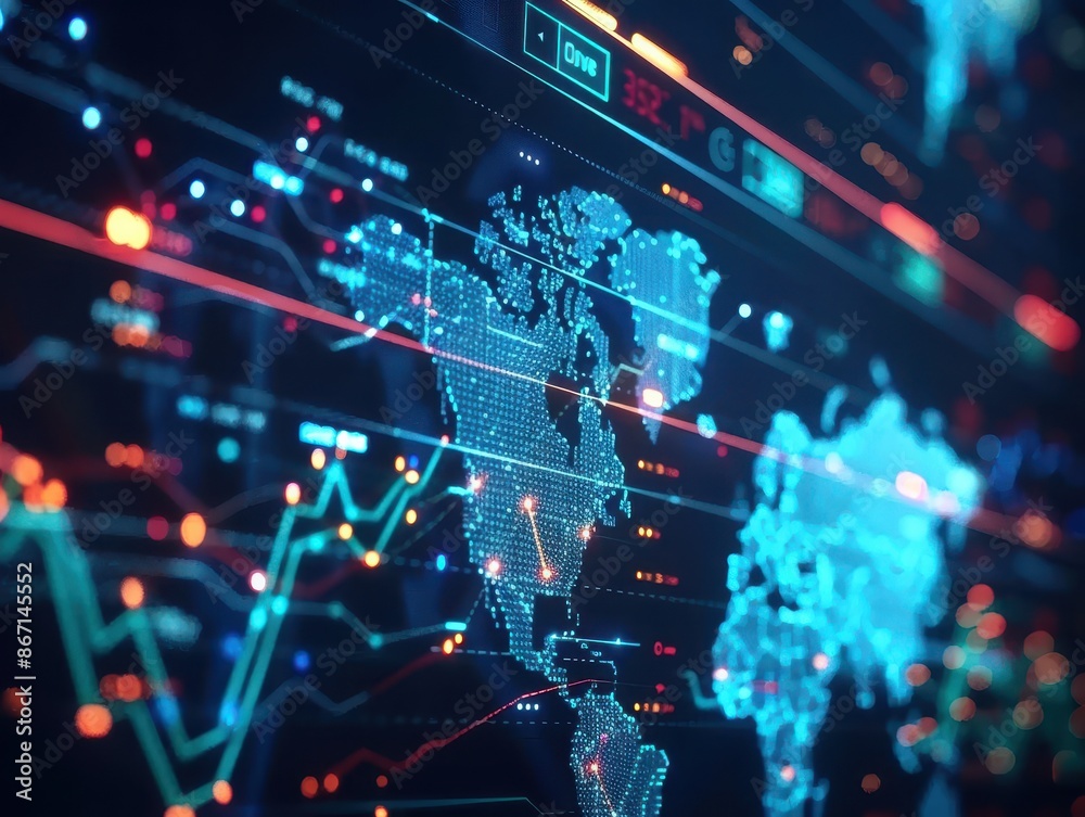 Futuristic digital world map with financial data, graphs, and charts. Concept of global business, finance, and technology. Futuristic digital world map with financial data, graphs, and charts. Concept of global business, finance, and technology.