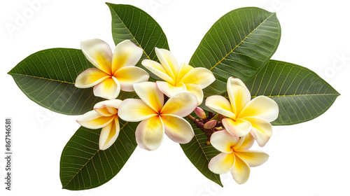 Composition of plumeria flowers. Frangipani and tropical leaves isolated on a transparent background