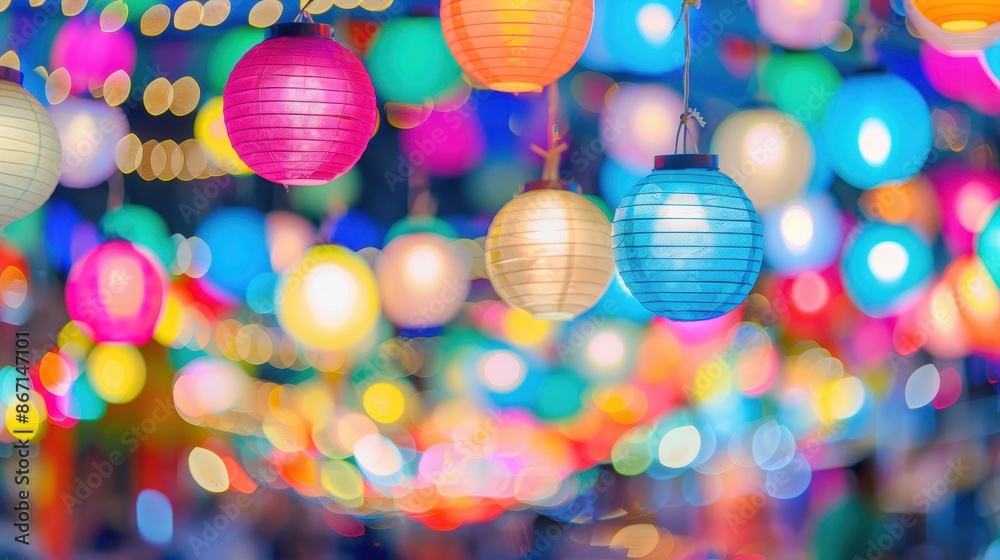 Colorful hanging lanterns and bokeh lights create a festive and vibrant atmosphere, perfect for celebrations and joyful events. Colorful hanging lanterns and bokeh lights create a festive and vibrant atmosphere, perfect for celebrations and joyful events.